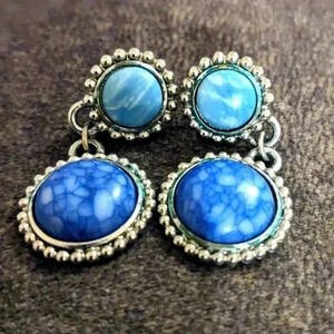 Boho Style Blue Round Drop Earrings Silver‎ Tone Costume Jewelry
